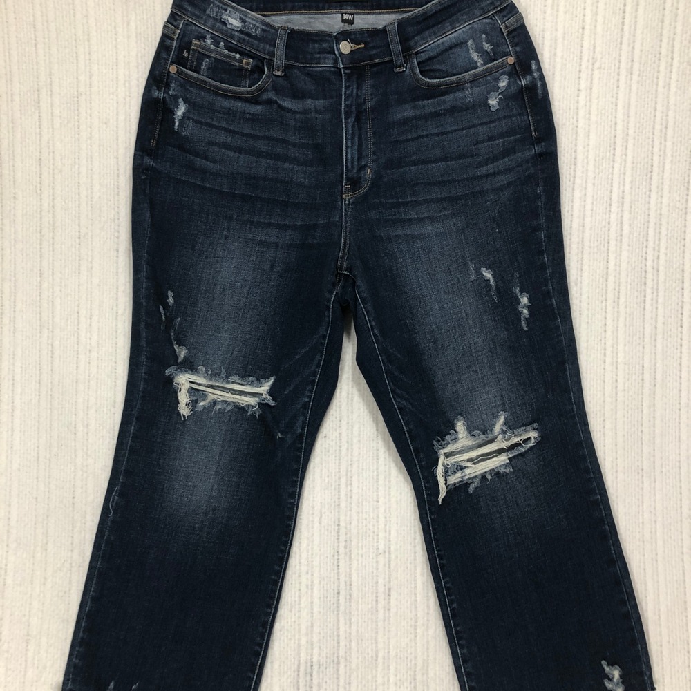Judy Blue Womens 14W Wide Leg Distressed Raw Hem Dark Wash Jeans High Rise